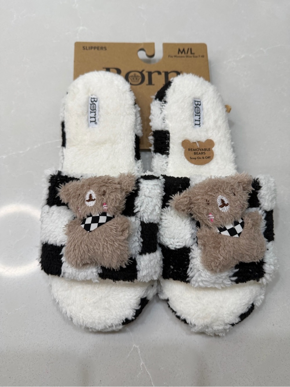 Born Checkerboard Teddy Bear Fuzzy Slippers Size M/L NWT Cozy